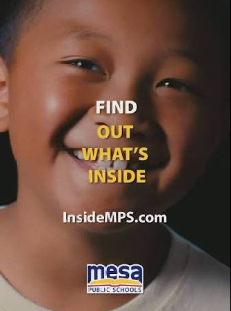 boy smiling Find Out What's Inside written across his face, InsideMPS.com,  Mesa Public Schools  icon