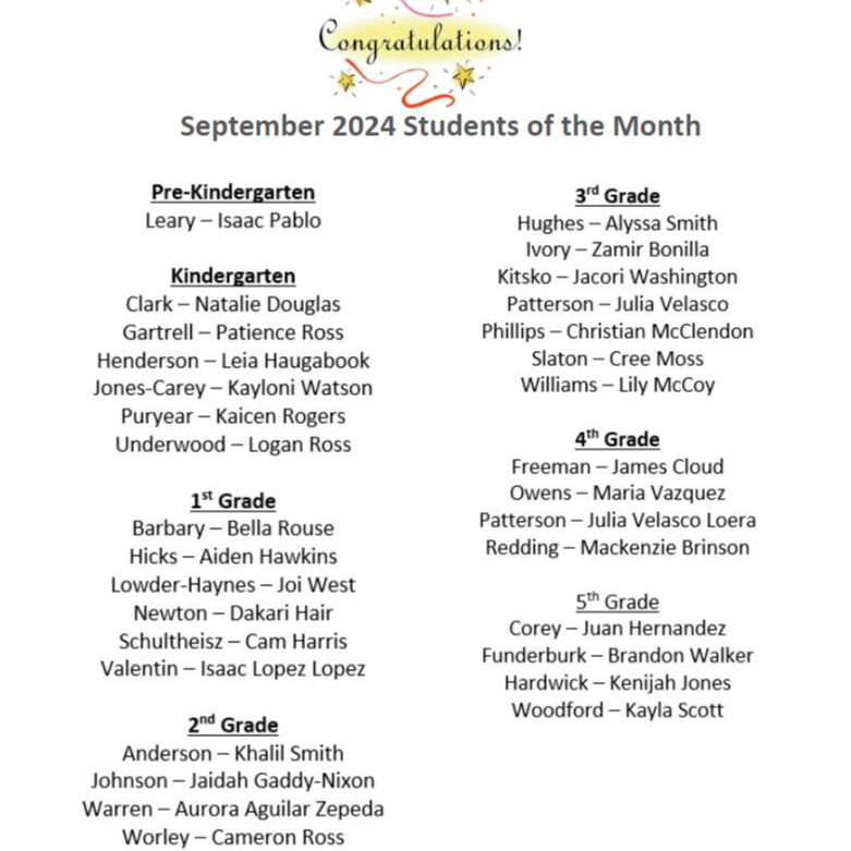 September Students of the Month