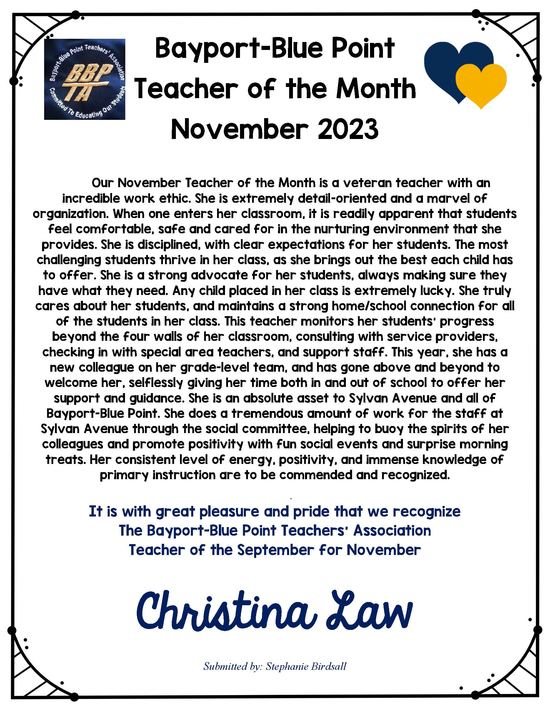 November 2023 BBP Teacher of the Month