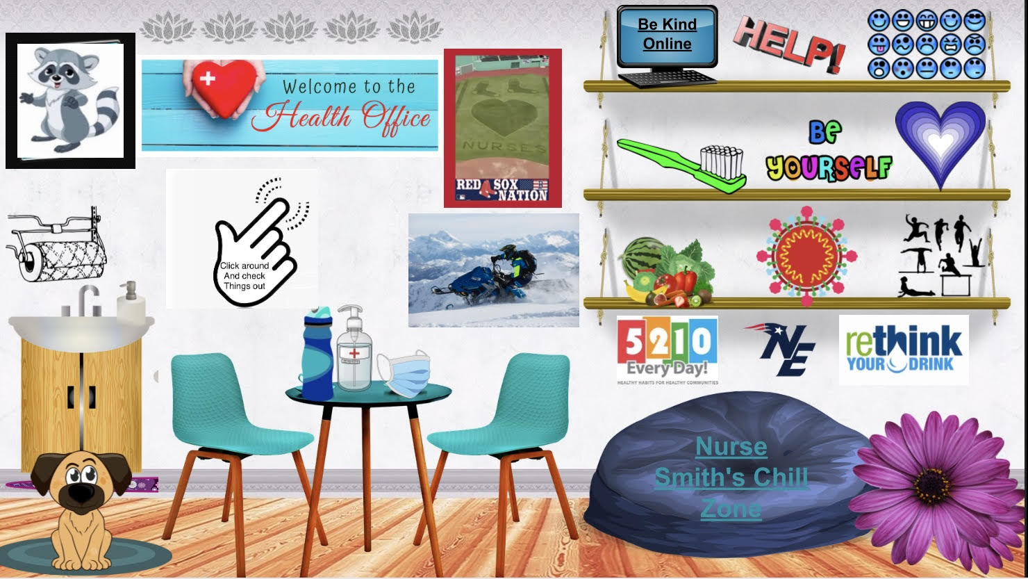 preview image of the nurse's virtual office; a digitally rendered room with table, chairs, and various symbols to click on and follow various links