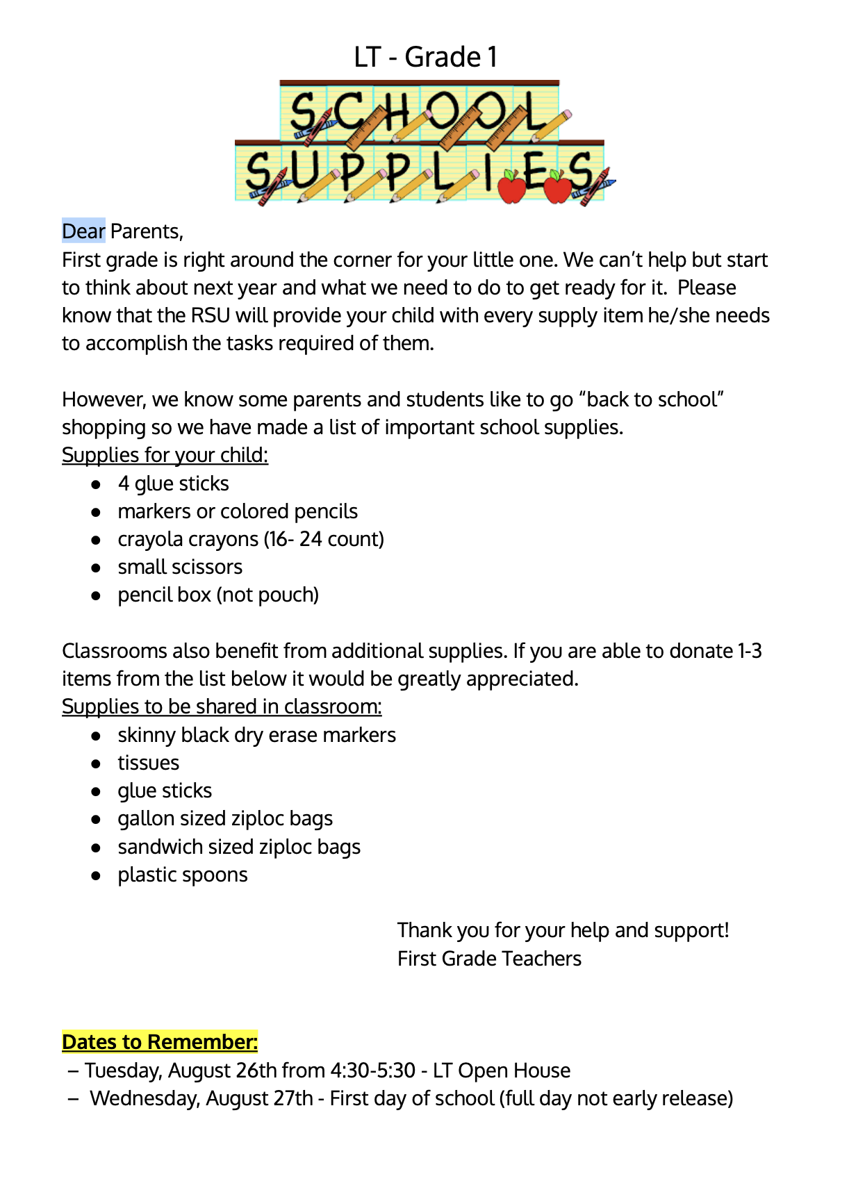1st grade supply list