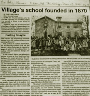 Newspaper excerpt of "Village's school founded 1870"