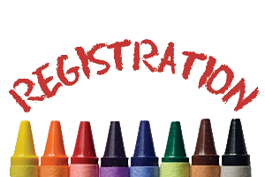 Registration in red text with crayons in a row underneath them