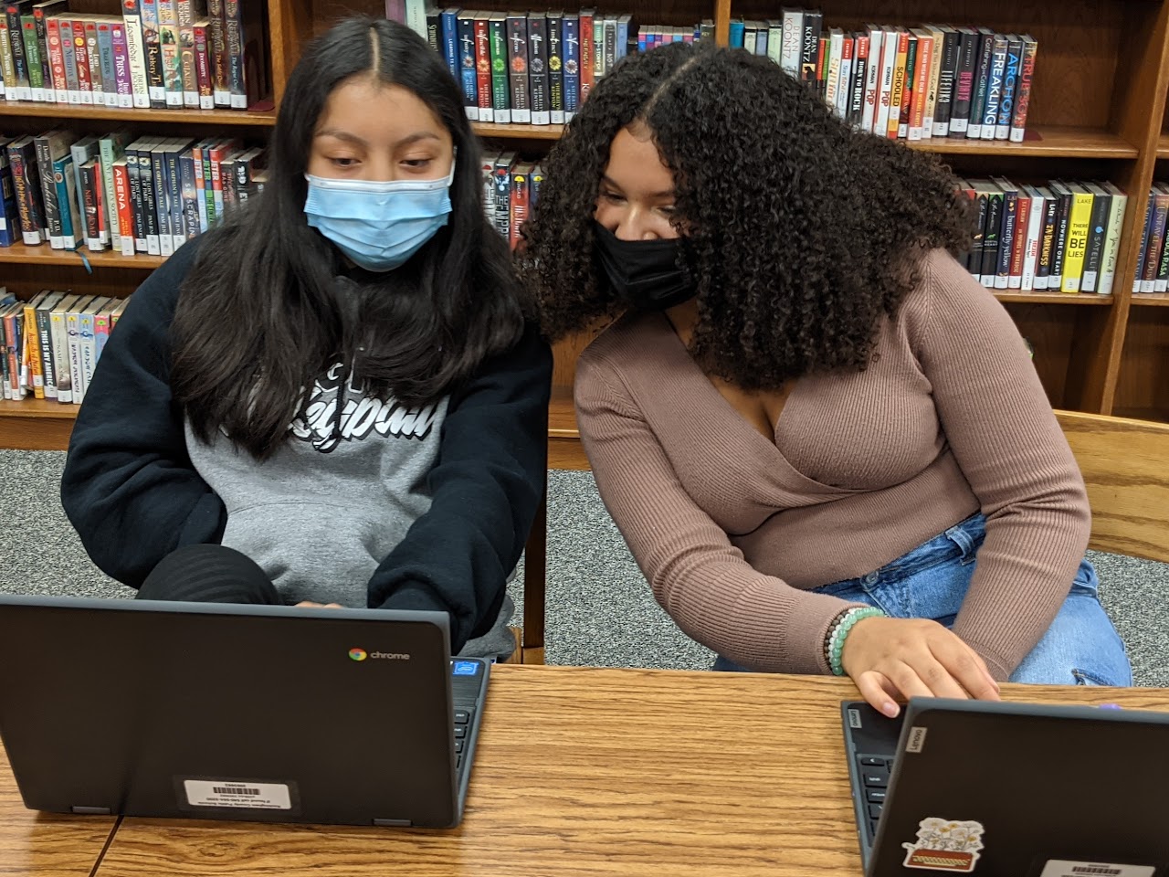 two students in library working on laptops