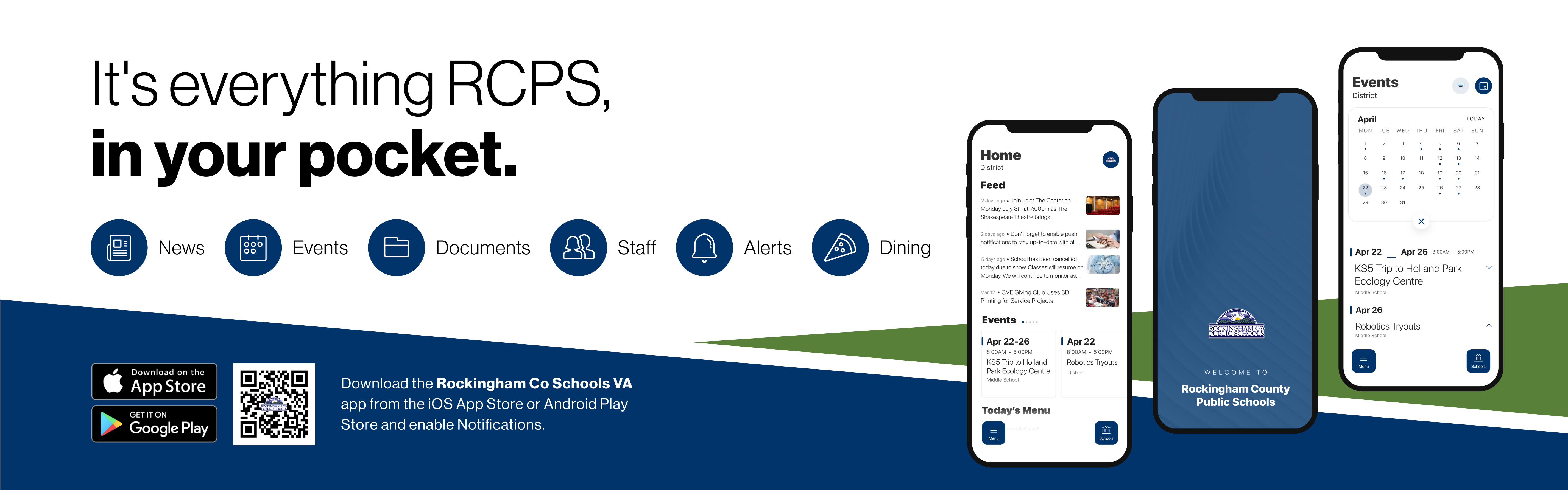 It's everything RCPS, in your pocket. Download the Rockingham Co Schools VA app from the iOS App Store or Android Play Store and enable Notifications.