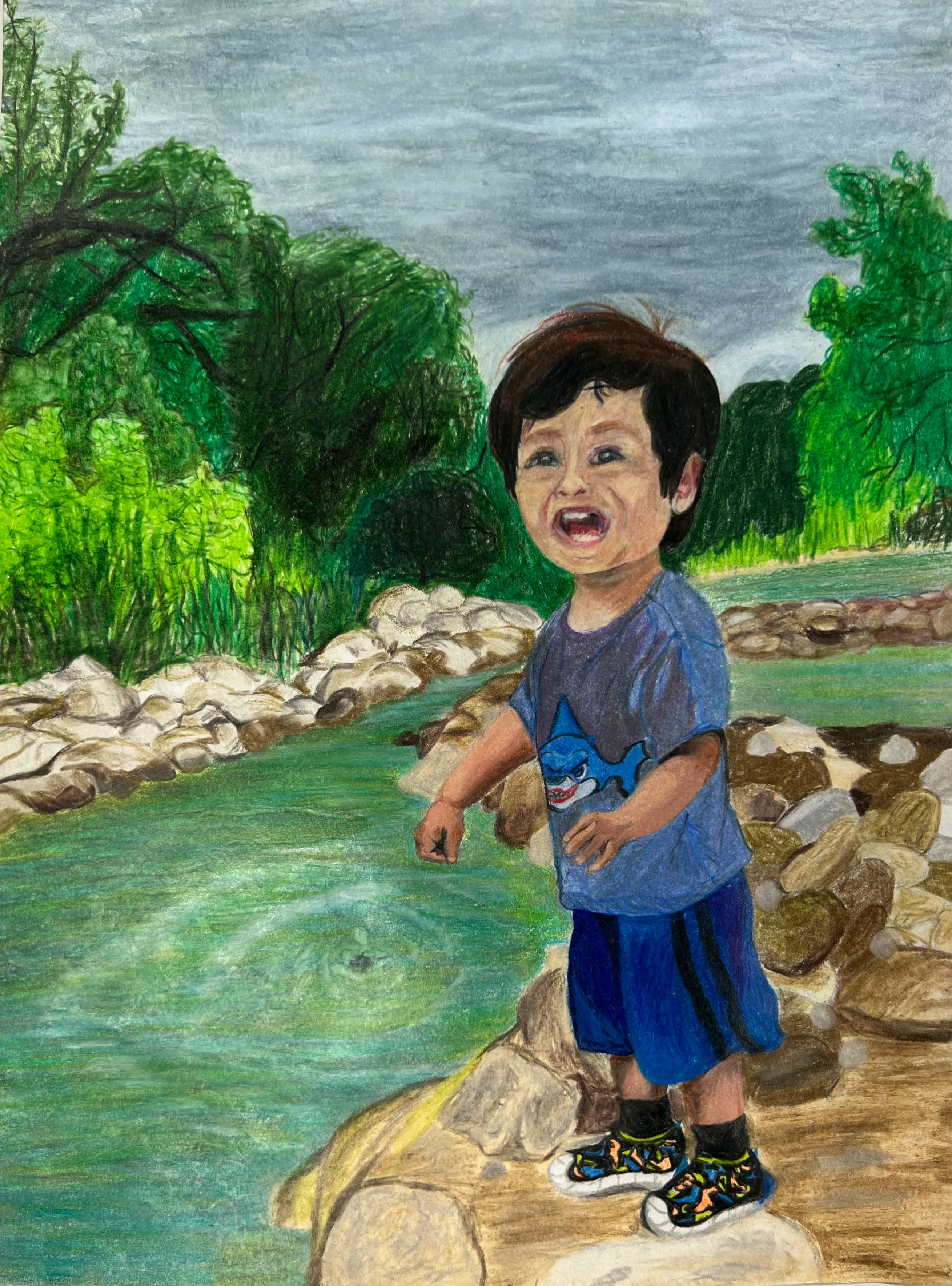 Colored Pencil drawing of a child by the river