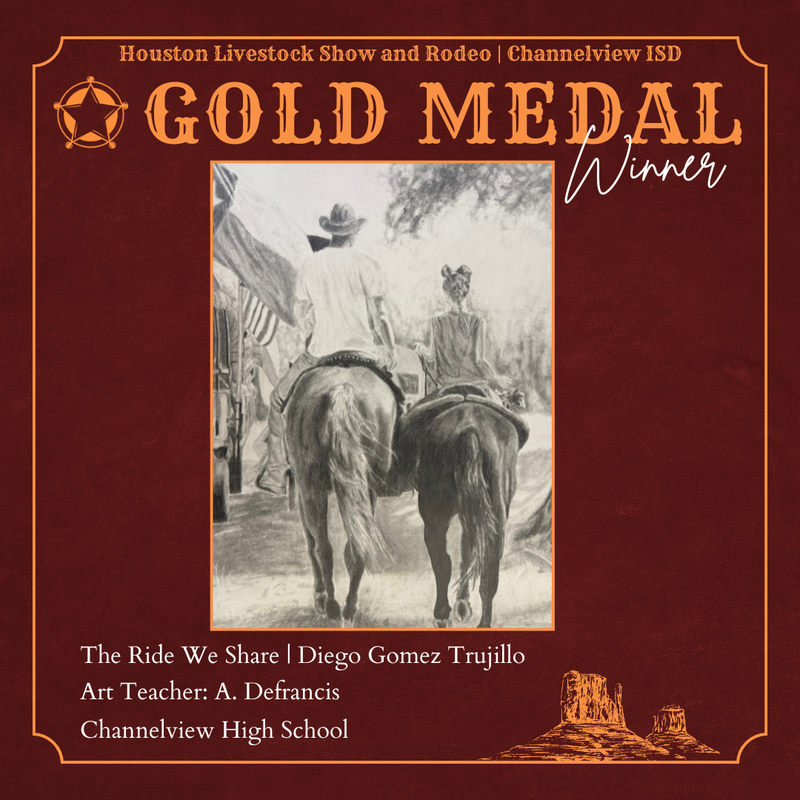 Gold Medal Winner, Graphite drawing of father riding a horse with his daughter