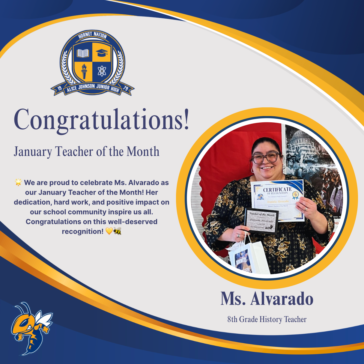 Ms. Alvarado, January Teacher of the Month