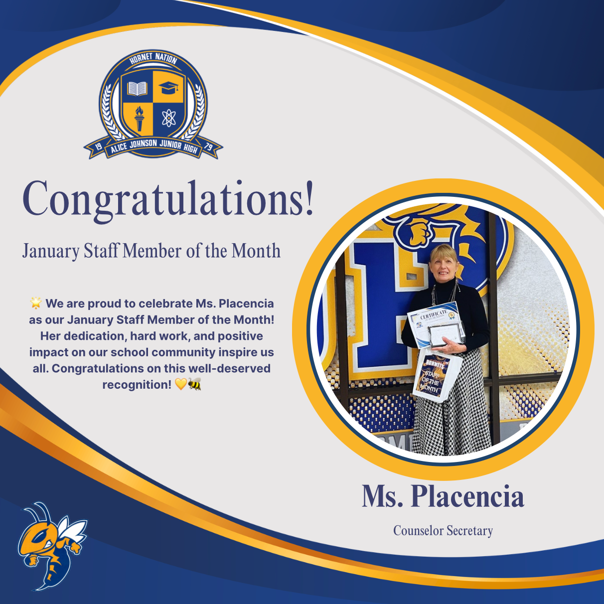 Congrats to Ms. Placencia, our January Staff Member of the Month!!! 