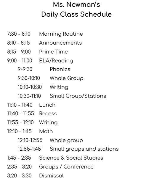 2nd Grade Schedule