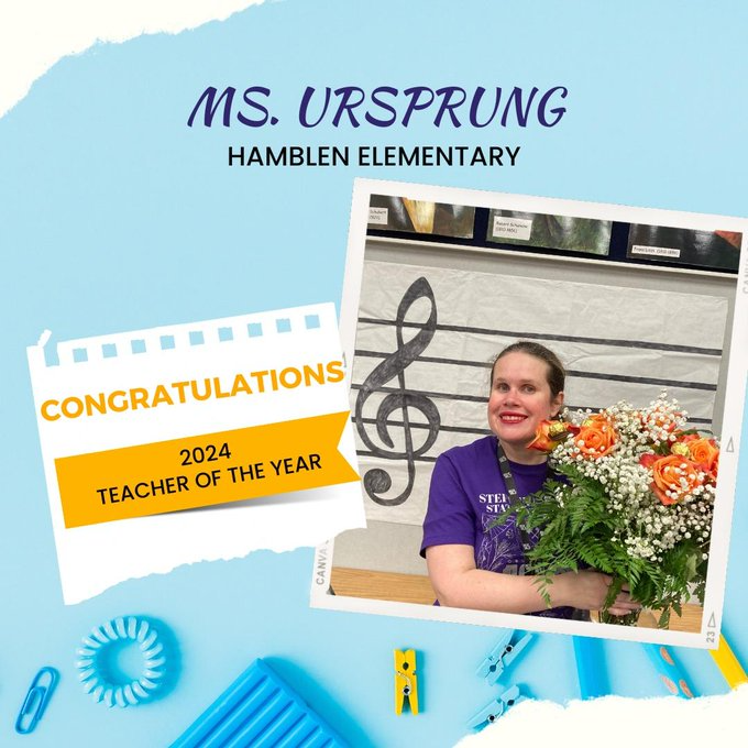 Ms Ursprung from Hamblen Elementary holds a bouquet of flowers : Words read- Congratulations 2024 Teacher of the Year