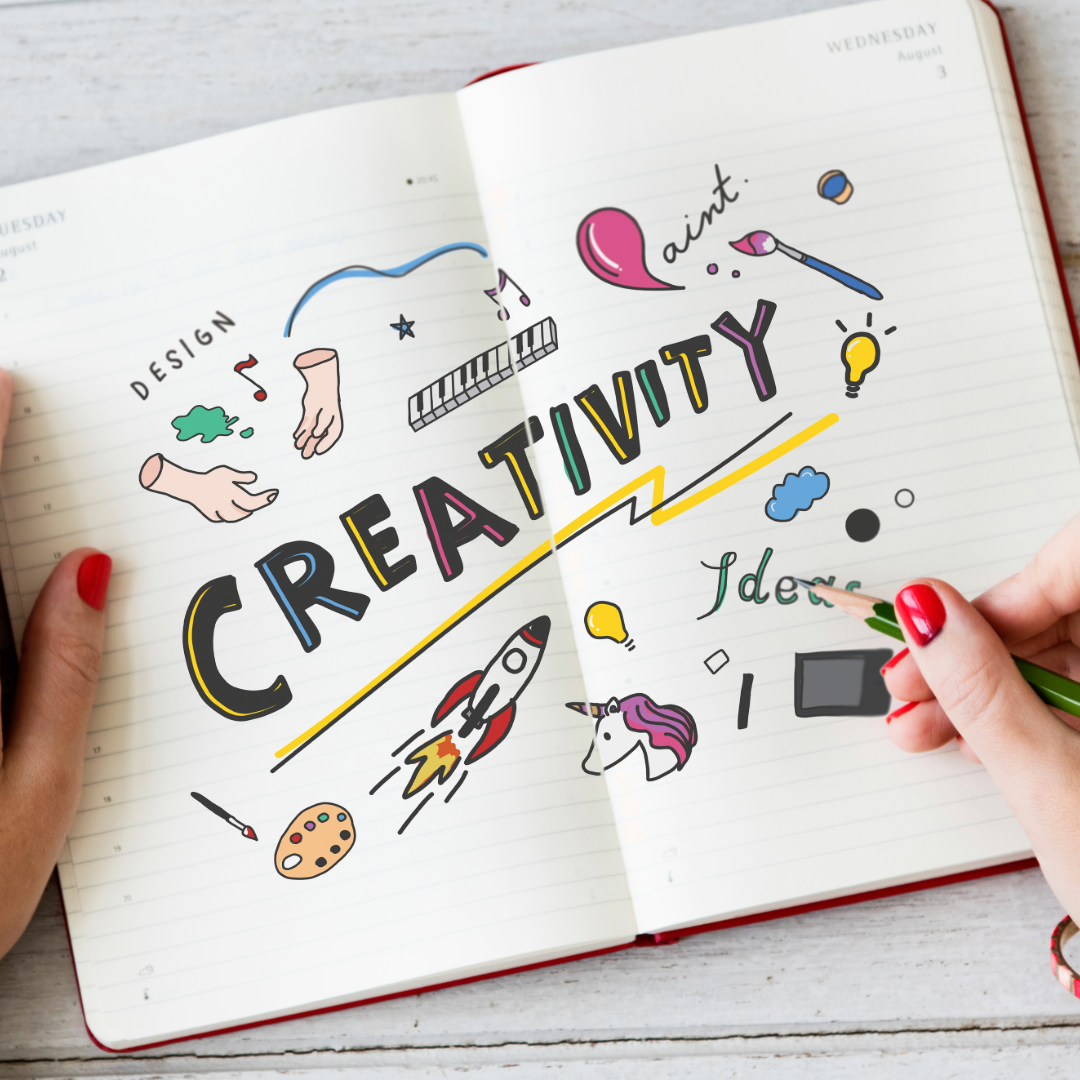 A journal sits on a table, open to a 2 page spread.   Words and images cover the page, including:  The heading CREATIVITY written across the center,  a rocket ship blasting off, clouds and lighbulbs, the words "paint",  "design" and "ideas"