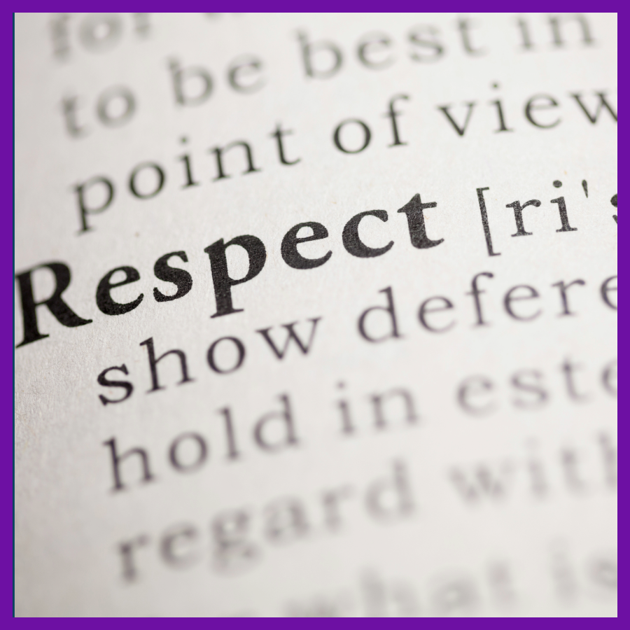 A dictionary page closeup is shown with the word RESPECT in bold print