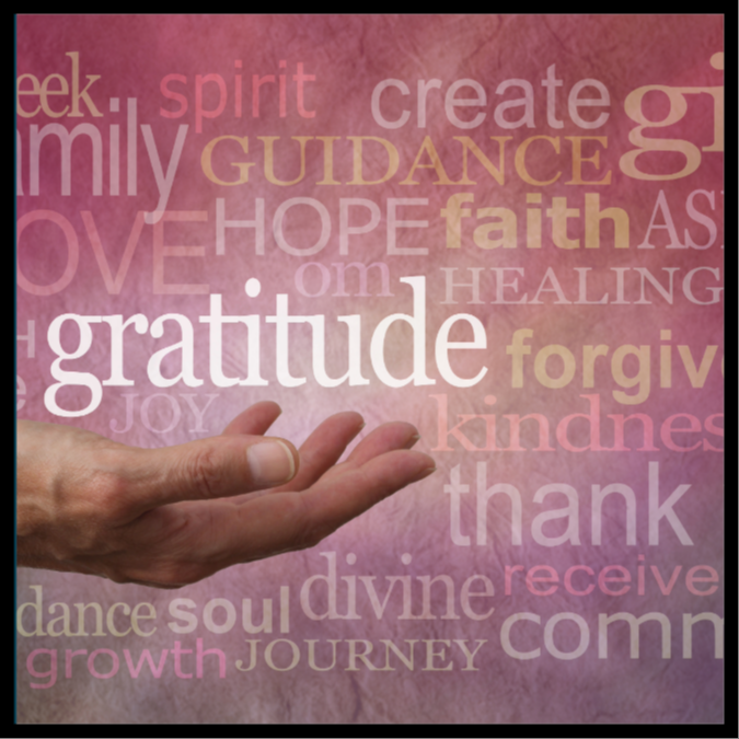 Against a dusty pink background, a hand with an open palm lies in the bottom left hand corner-  above it the word "gratitude" hovers in bright white. Other  faded words such as faith, guidance,  and kindness form a word  cloud surrounding the central word "gratitude"