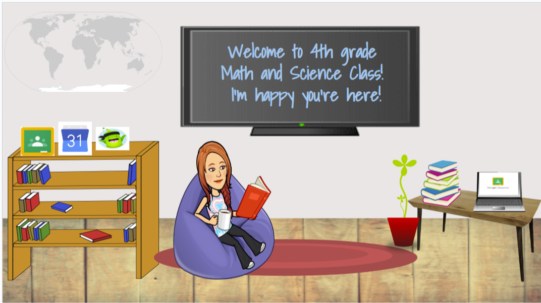 Bitmoji classroom scene with Ms. Welch's avatar reading in a chair