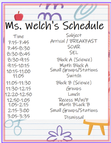 image of Ms. Welch's schedule