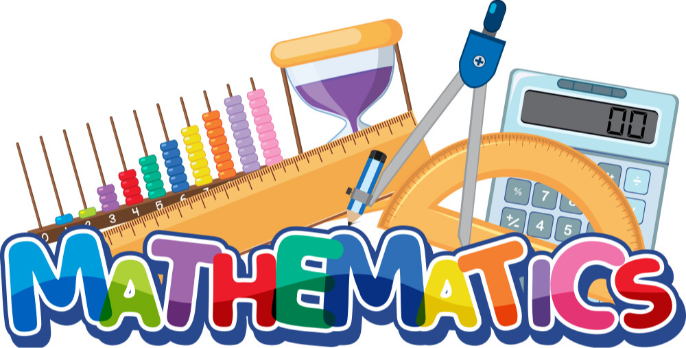 A colorful display of math tools including a calculator, counting beads, a timer, and a protractor/compass combination sits behind letters reading MATHEMATICS