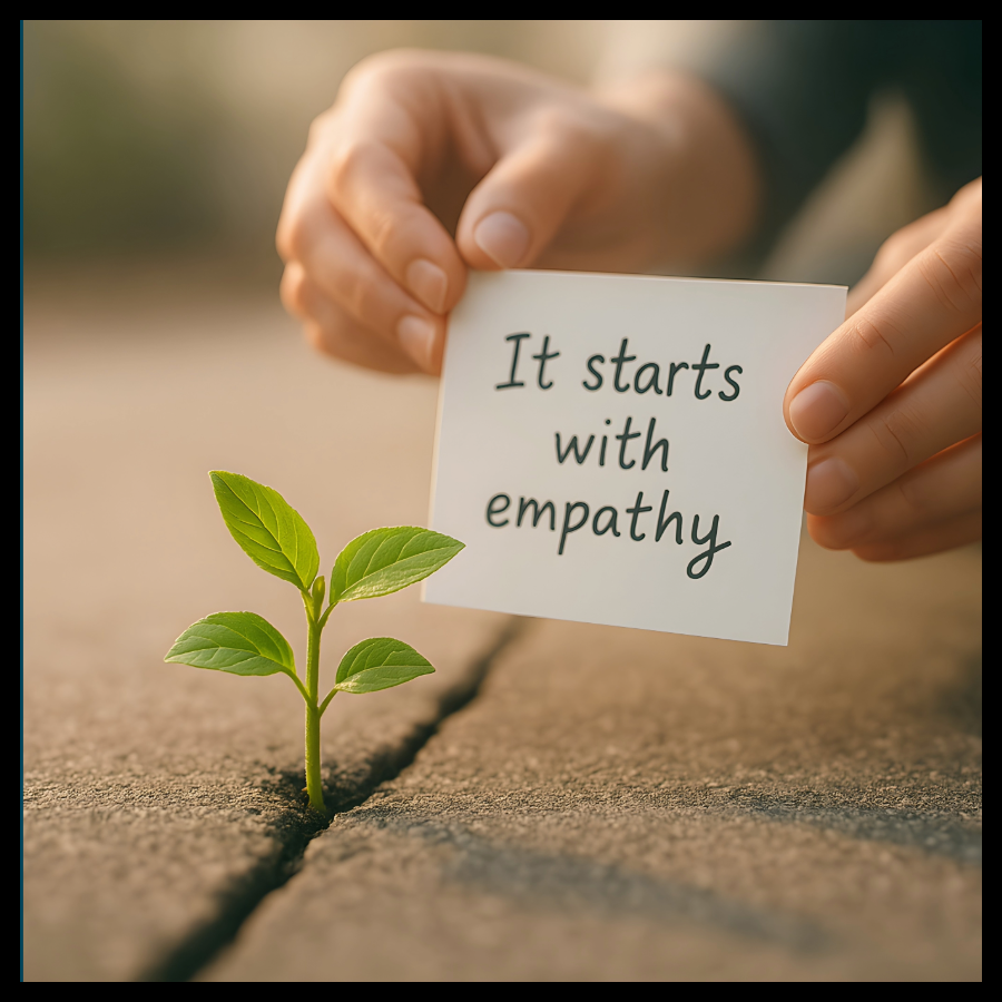 A tiny plant pushes its way up through a crack in the sidewalk.  A pair of hands   above it hold a card that reads: It starts  with empathy