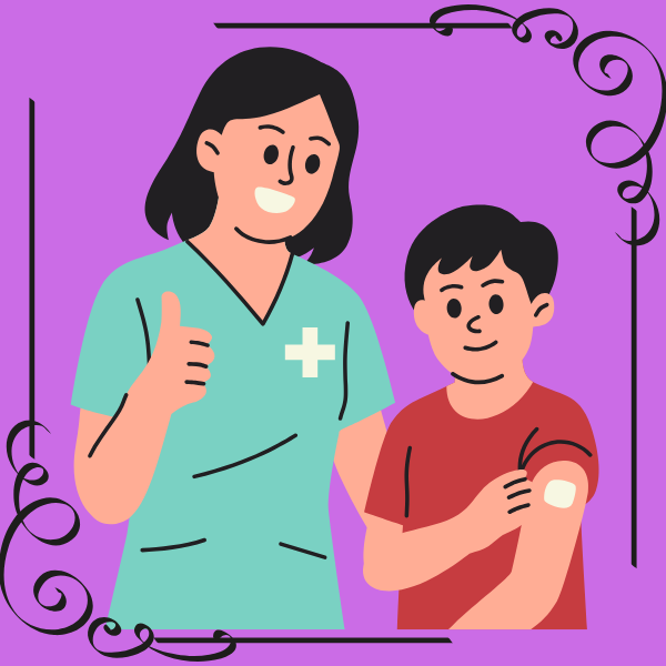 a colorful clipart nurse and student stand smiling ,side by side, against a light purple background