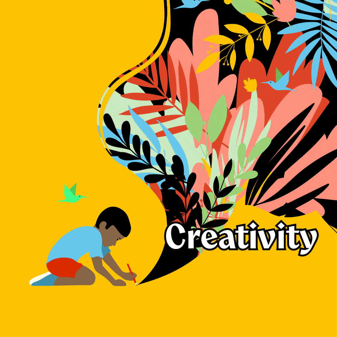 A boy draws with a red pencil and a profusion of colorful plants and birds are created from his efforts.  The word "Creativity" sits below his color-filled creation.