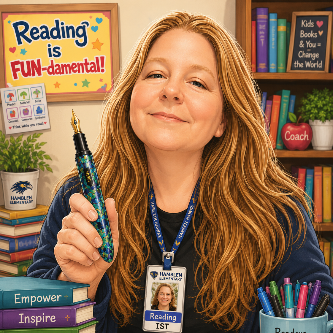 AI generated character image of me in an office filled with books and plants. I am holding a fountain pen and smiling.