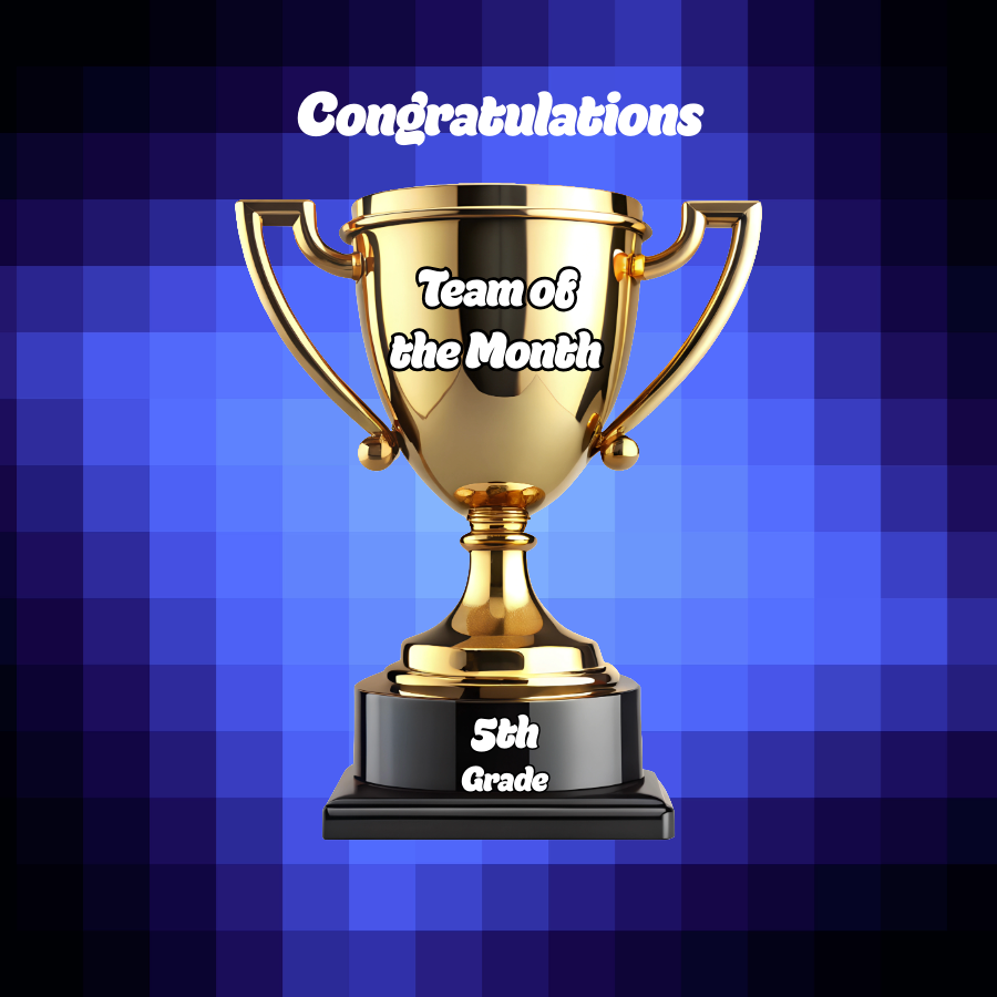 A trophy sits against a background of  gradient blue squares .  Words on the cup of the trophy read : Congratulations-  Team of the Month.  Words on the trophy's bottom stand read: 5th Grade