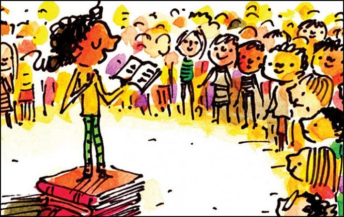 illustration of student standing on stack of books talking to other students