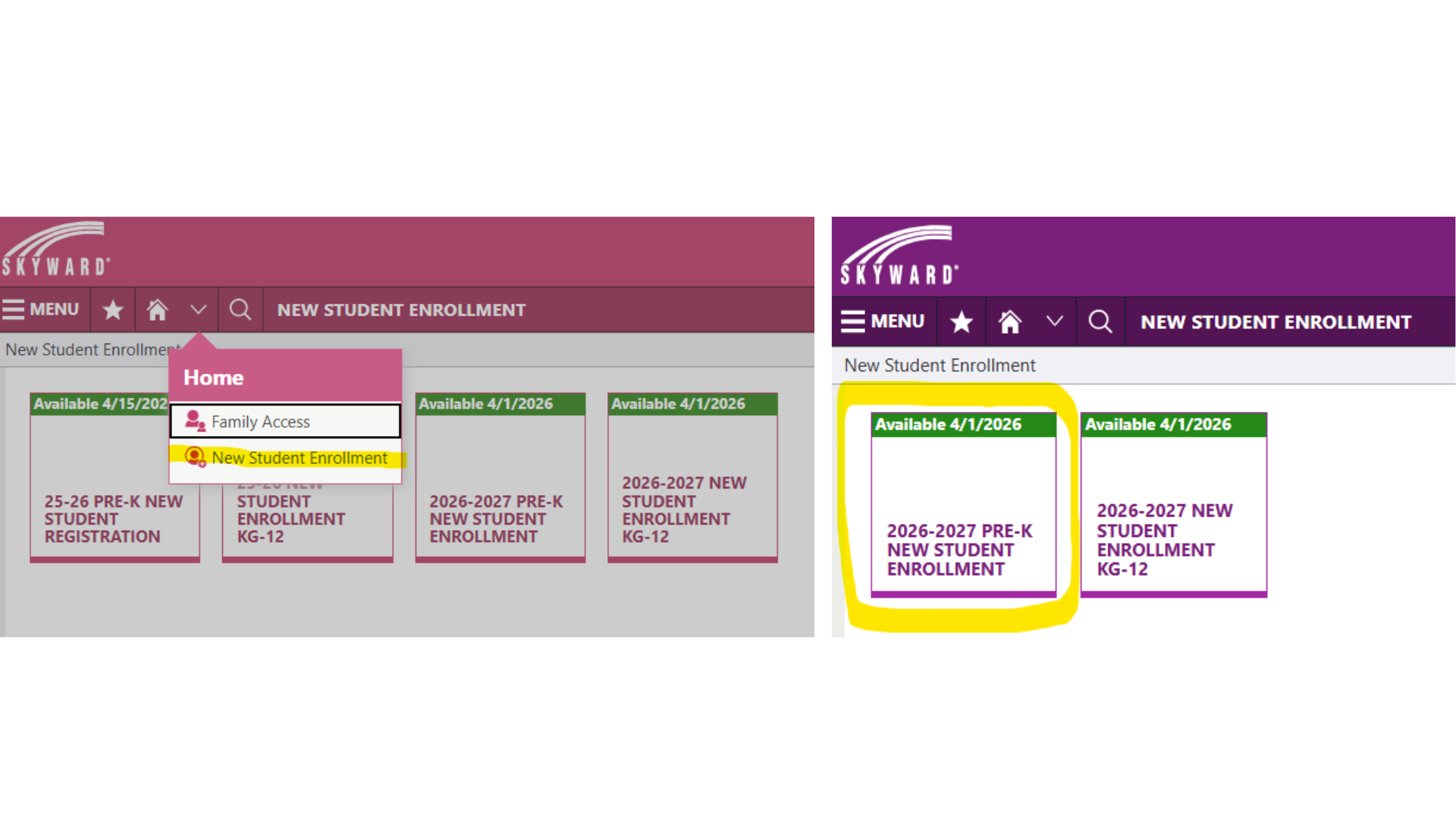 Click on New Student Enrollment then click on the tile for 2026-27 Pre-K New Student Enrollment