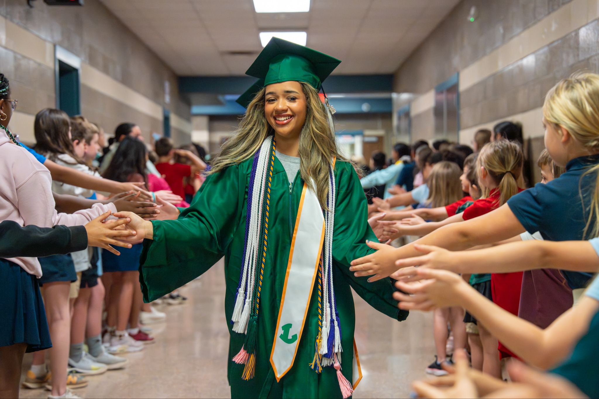student walking down hall