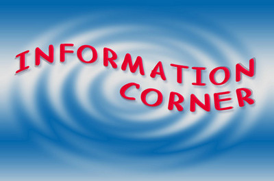 information corner in red text on a blue and white swirled background
