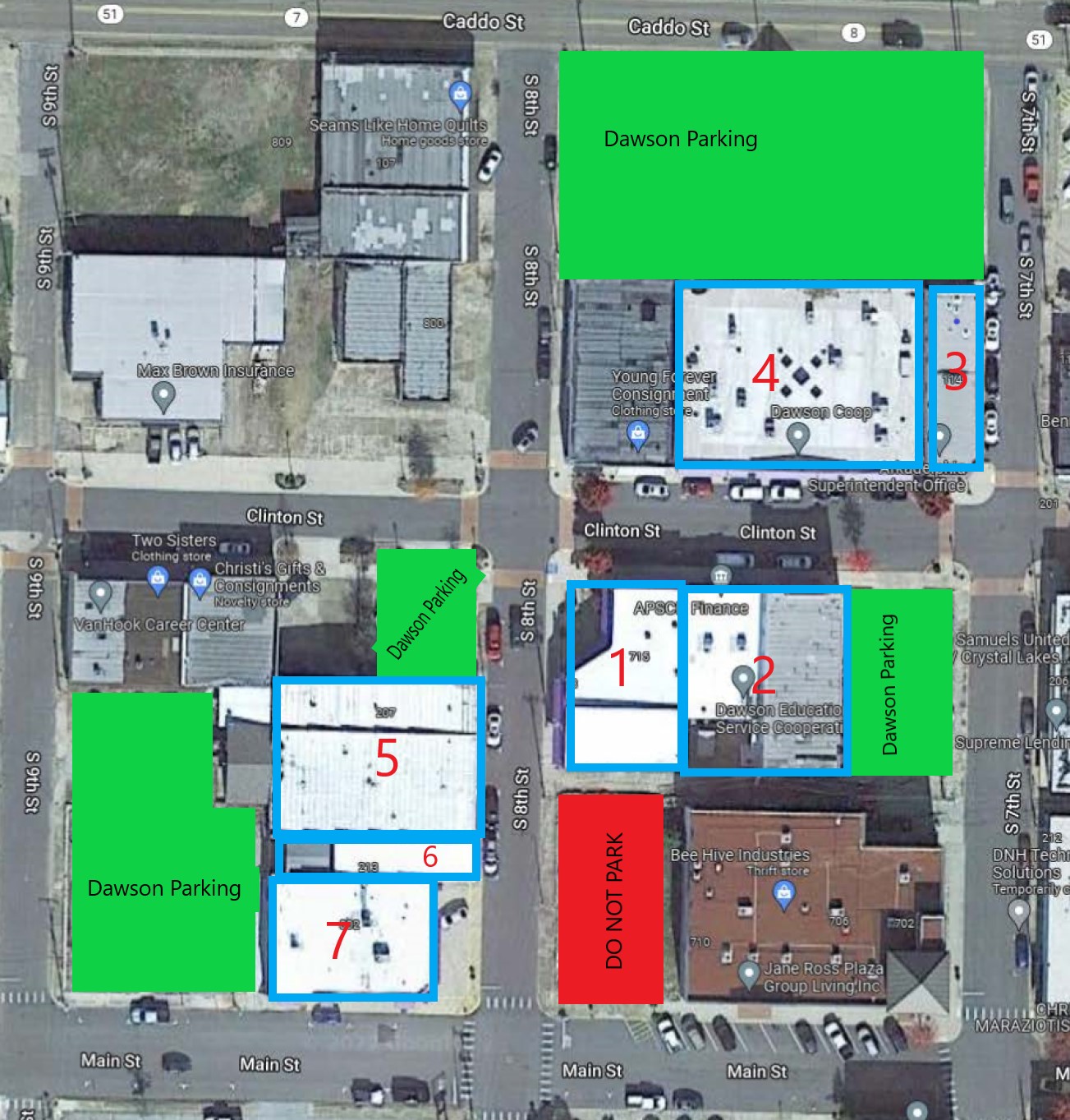 Dawson Co-op with Parking labeled