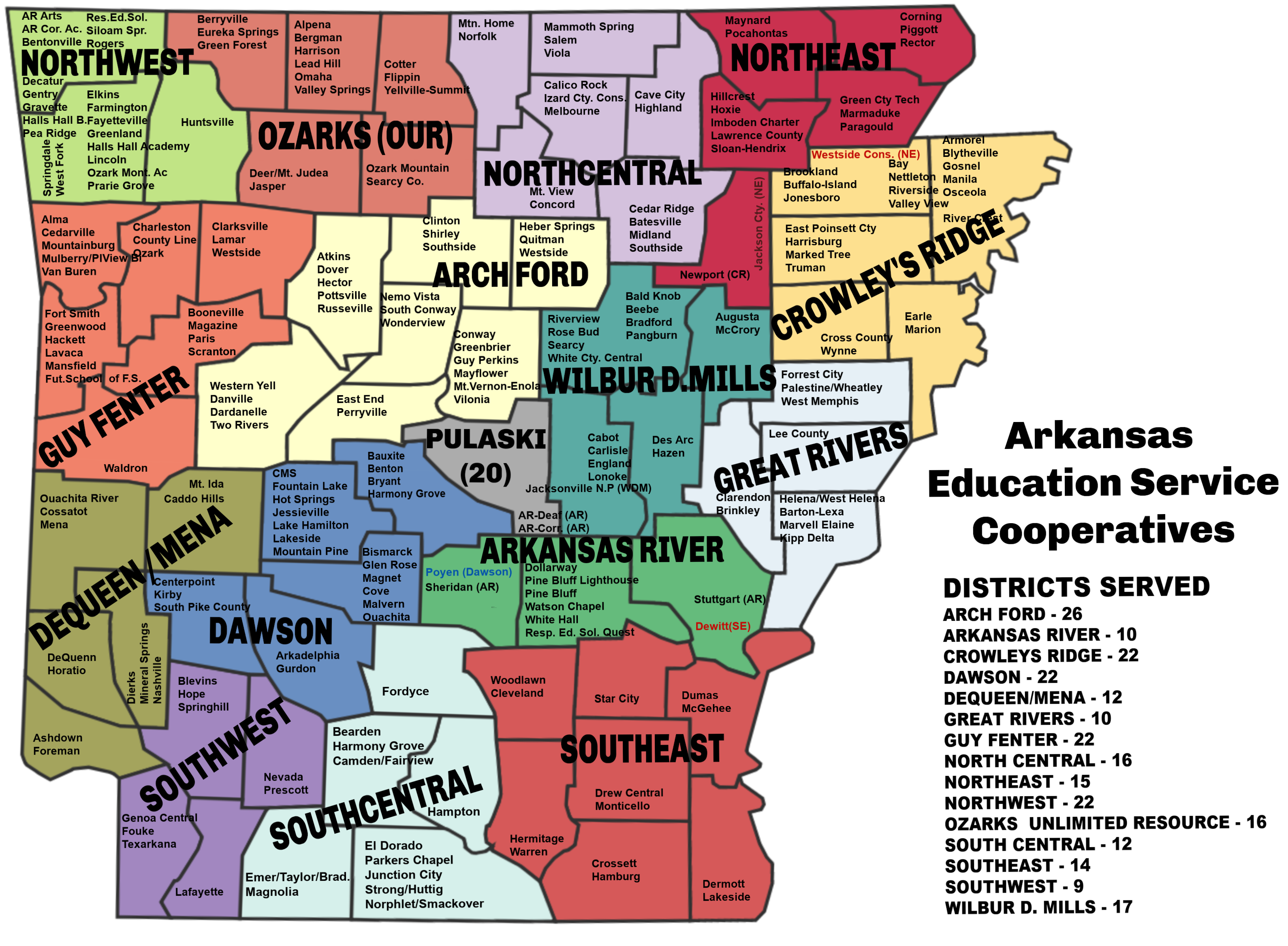 Map of Arkansas Education Service Cooperatives - Districts Served