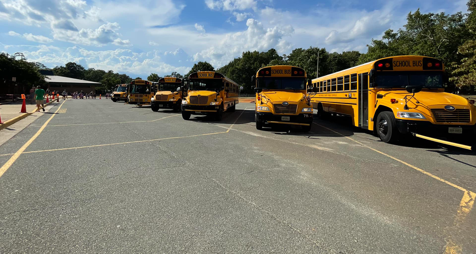 Buses lined up in front of school