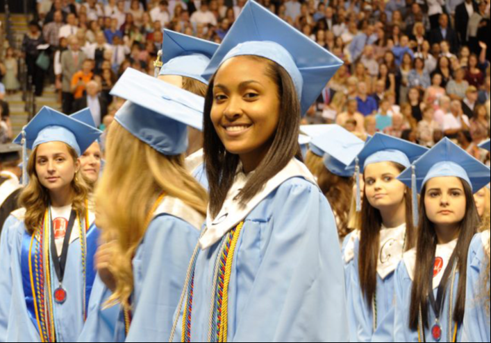 A high school graduate during her graduation ceremony