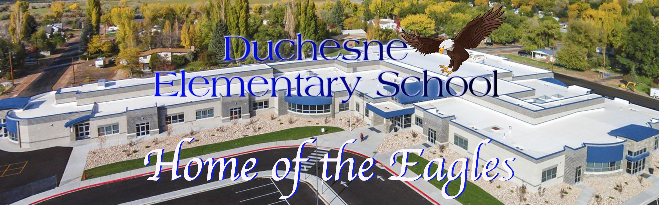 Duchesne Elementary arial of school and logo in front of picture