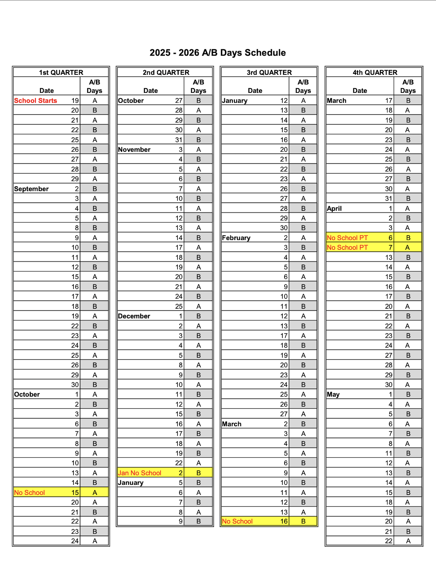 A/B Schedule