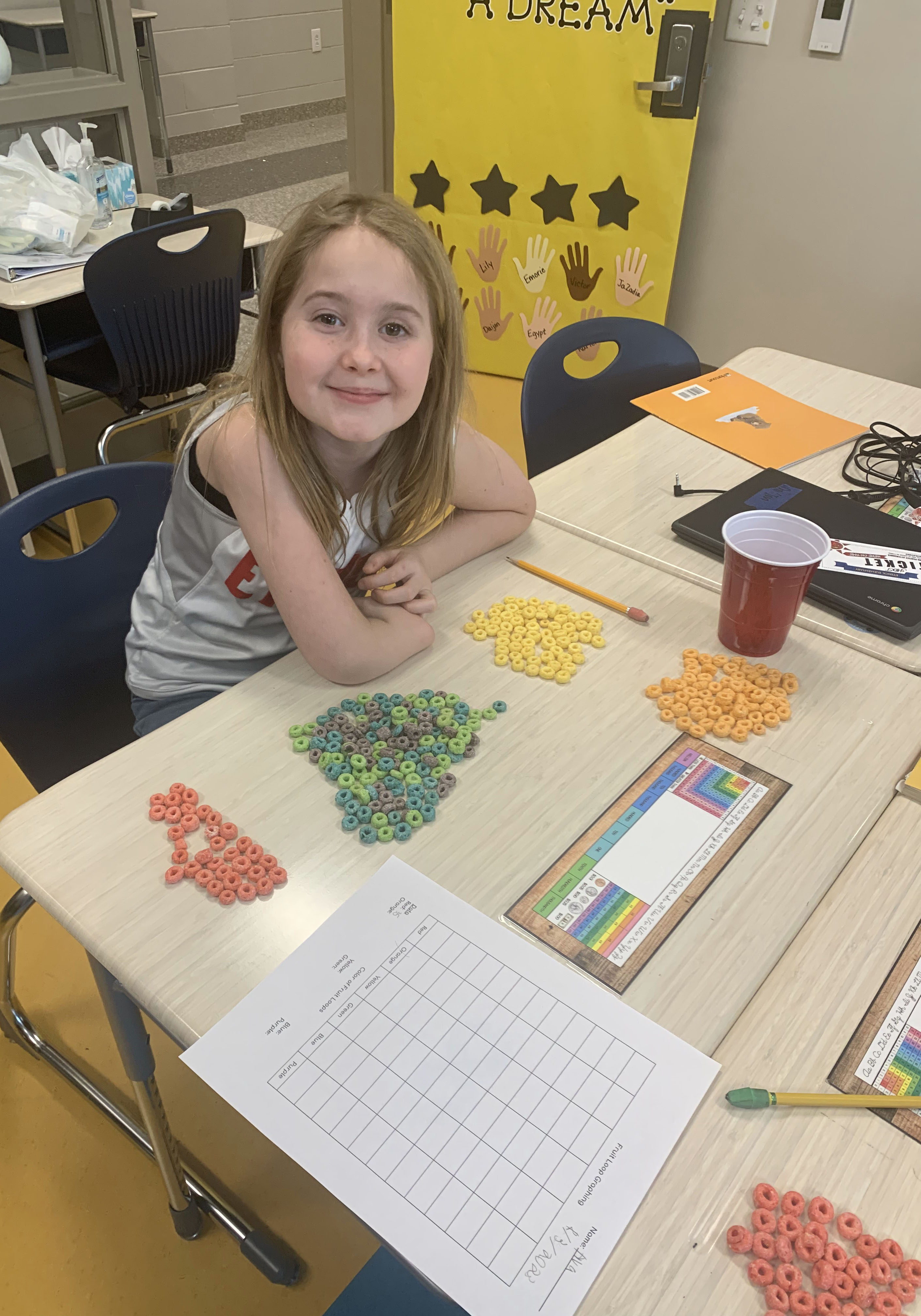 A student doing a class activity with cereal