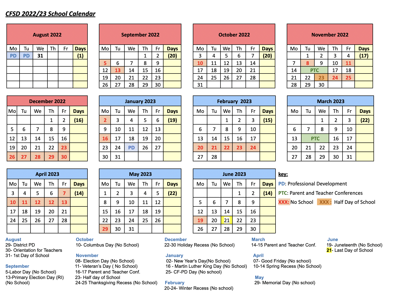 CFSD School Calendar Central Falls School District