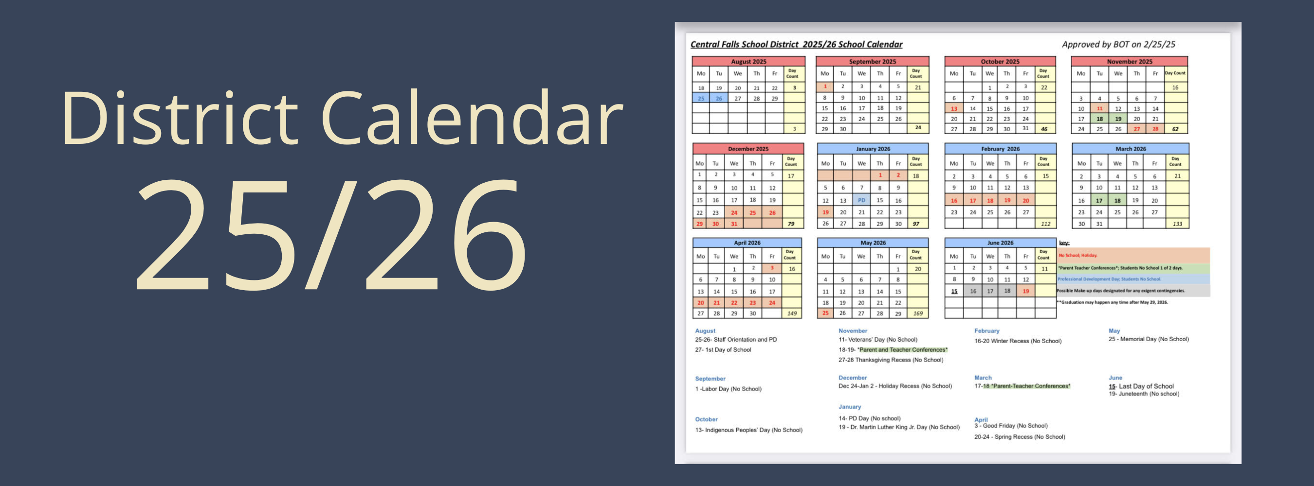 Alternative Text (Alt Text): Central Park School District 2025–26 calendar showing monthly grids from July 2025 to June 2026. Each day is color-coded to indicate school status: red for legal holidays, yellow for recess, green for Superintendent’s Conference Days, blue for staff-only days, gray for Regents exams, and white for regular school days. Key notes include the first day of school (September 3, 2025), last day (June 24, 2026), and 180 total instructional days. Emergency make-up days are listed as April 6, May 22, and May 26.