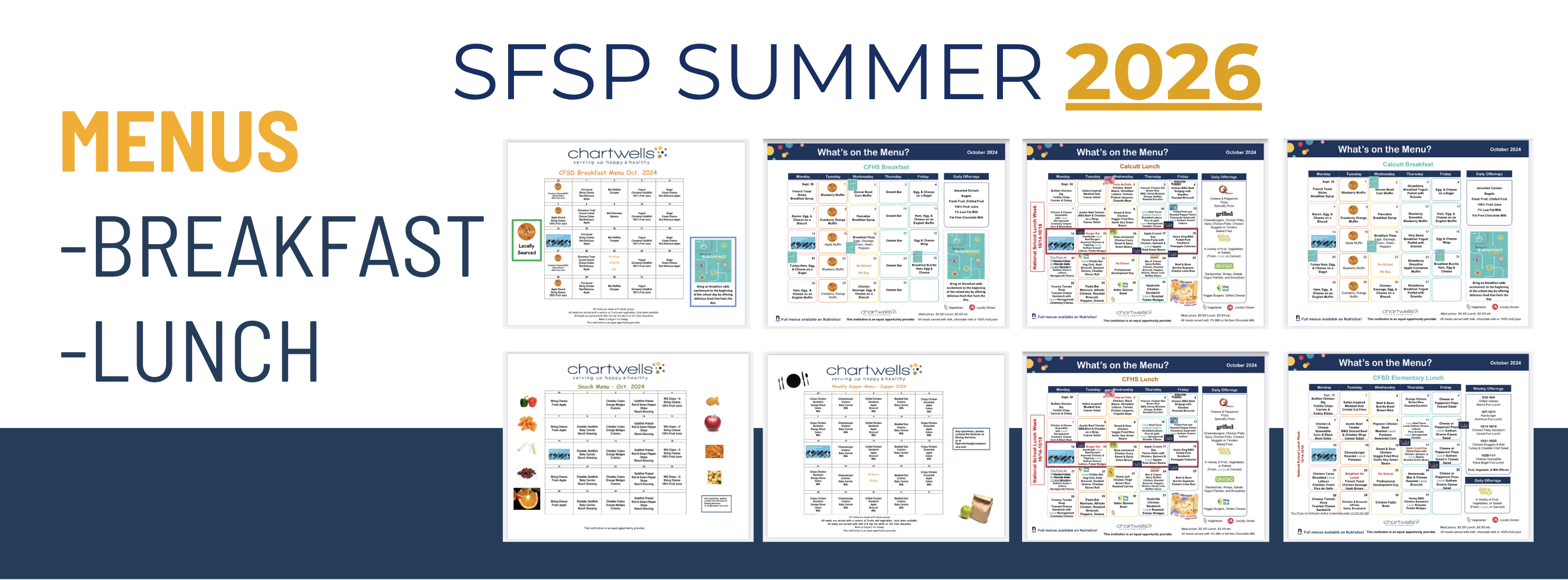 Graphic promoting SFSP Summer 2026 menus. The image includes the title “SFSP Summer 2026,” the words “Menus,” “Breakfast,” and “Lunch,” and several sample Chartwells menu screenshots showing breakfast, lunch, and snack options for Central Falls School District summer programs.