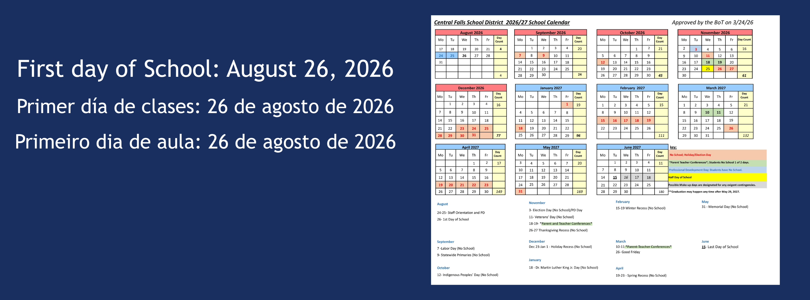Graphic announcing that the first day of school for Central Falls School District is August 26, 2026, in English, Spanish, and Portuguese, alongside the 2026–2027 school calendar.