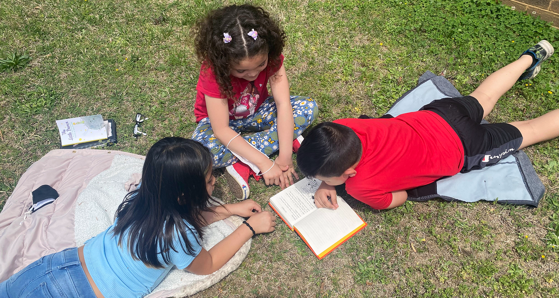 Three students in the grass read a book together