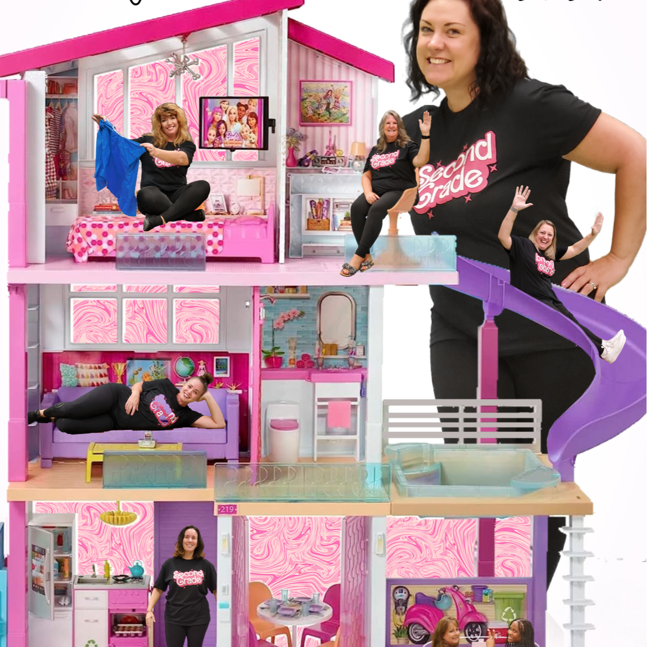 Teachers pose inside a Barbie Dreamhouse
