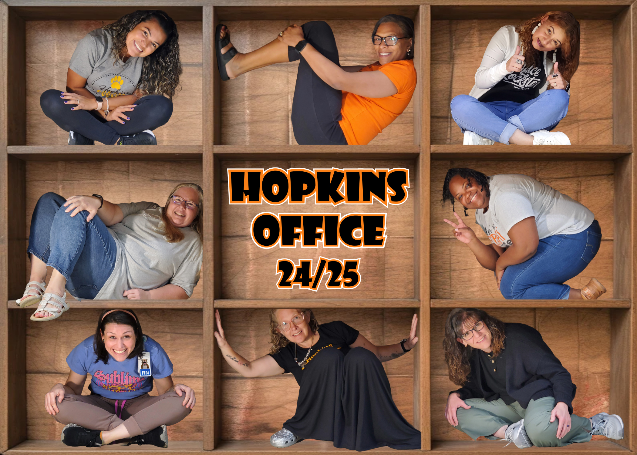 Hopkins office team in a thematic pose