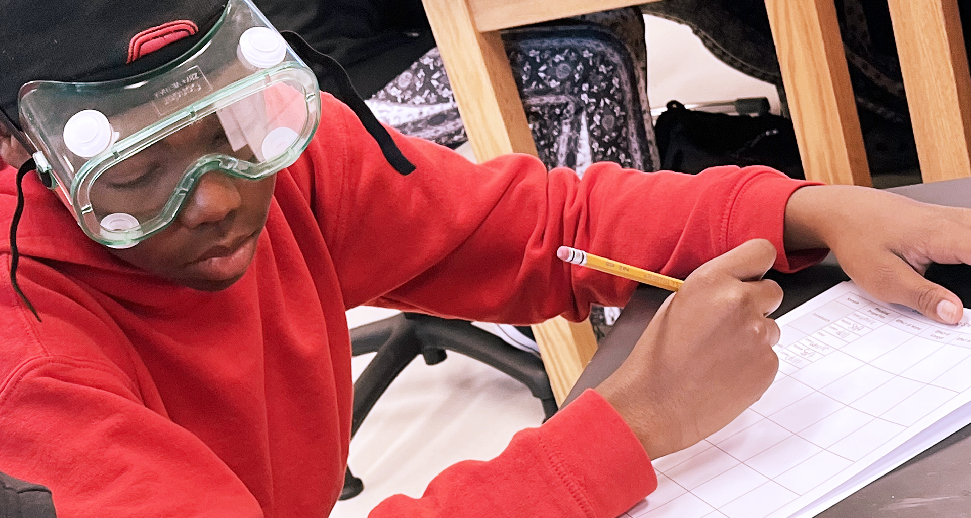 Student in goggles working at his desk