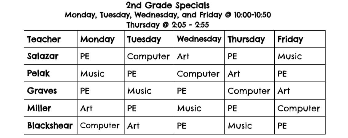 second grade specials schedule