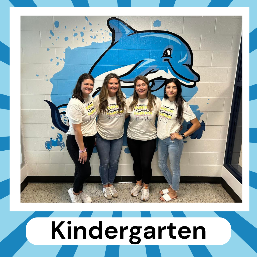 group of teachers in blue shirts standing posing in hallway in front of graphic dolphin 