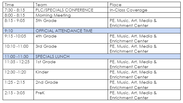 Specials Schedule