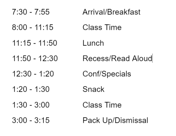 Kindergarten Schedule