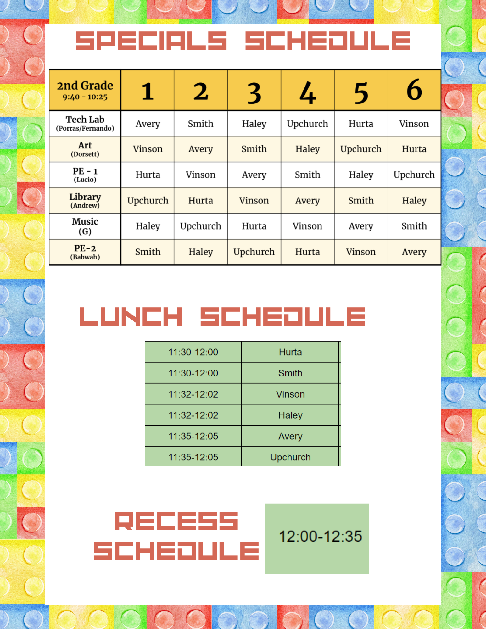 2nd Grade Daily Schedule